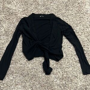 Express Black Tie Front Crop Blouse with Notched Collar